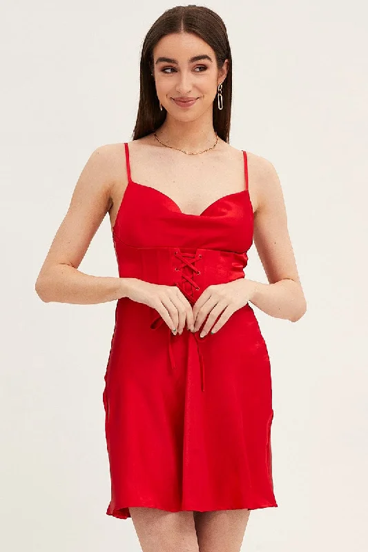 Red Mini Dress Sleeveless Cowl Neck Corset Waist Satin