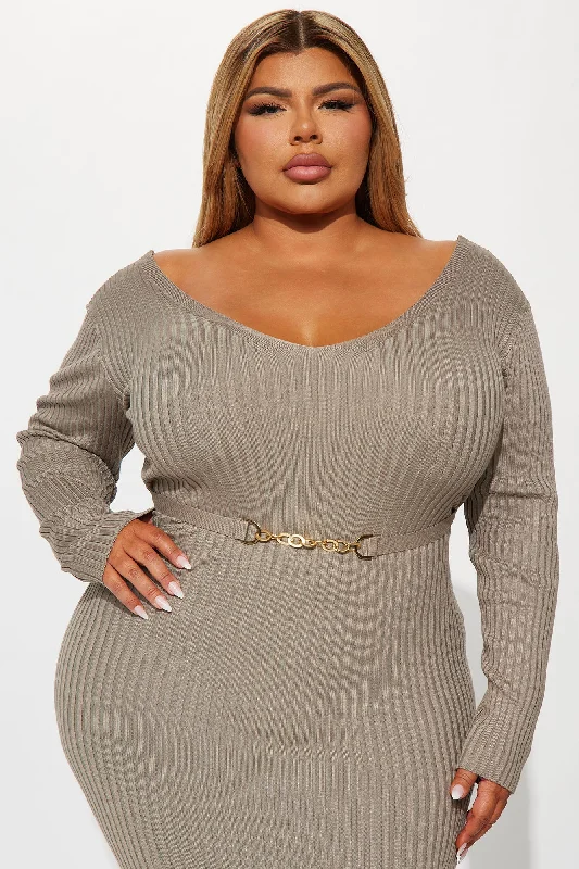 Rocking Baddie V- Neckline Midi Dress - Taupe