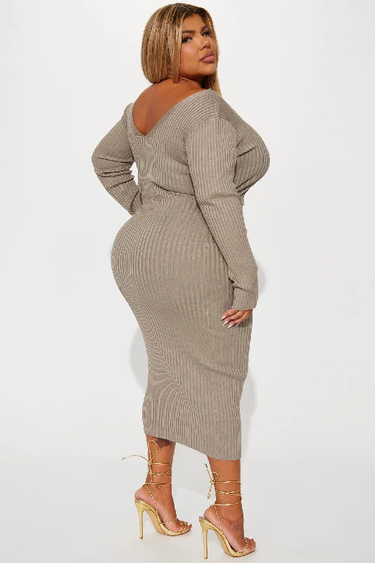 Rocking Baddie V- Neckline Midi Dress - Taupe