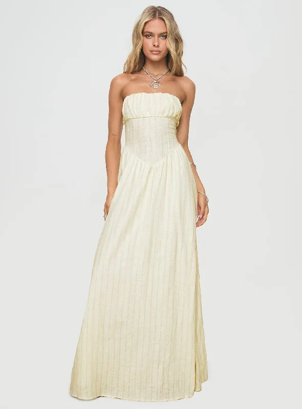 Slow Dance Linen Blend Maxi Dress Cream / Blue