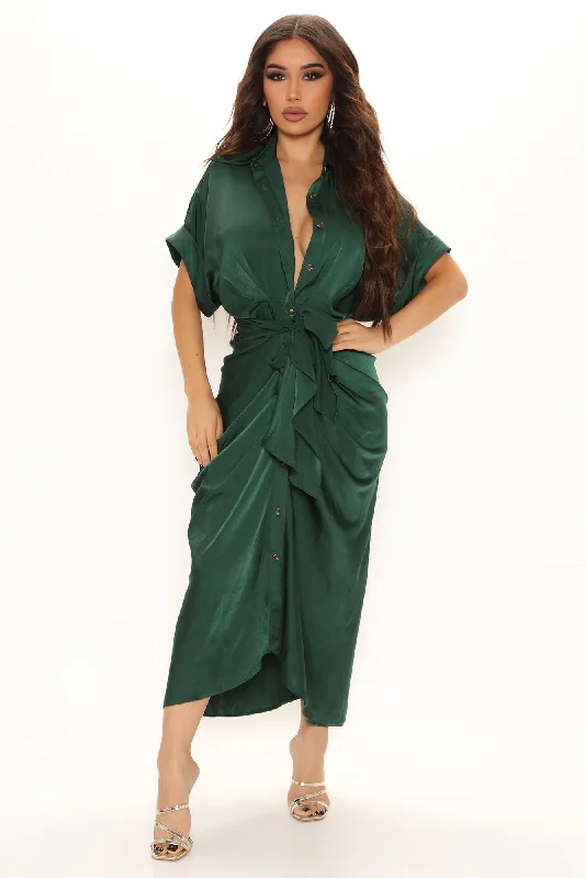 Stuck In The City Satin Midi Dress - Hunter