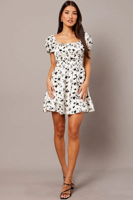 White Floral Fit And Flare Dress Puff Sleeve