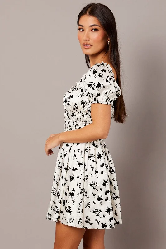 White Floral Fit And Flare Dress Puff Sleeve