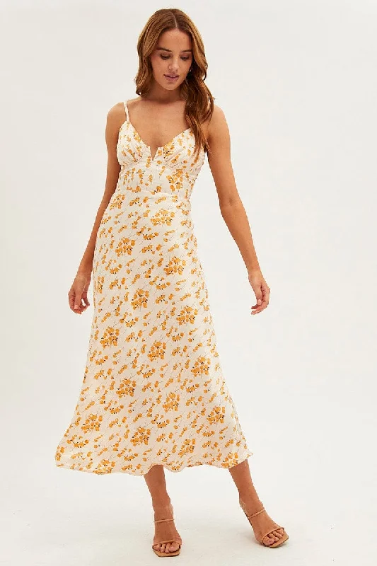 White Floral Midi Dress Sleeveless V-Neck Satin