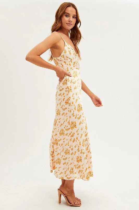 White Floral Midi Dress Sleeveless V-Neck Satin