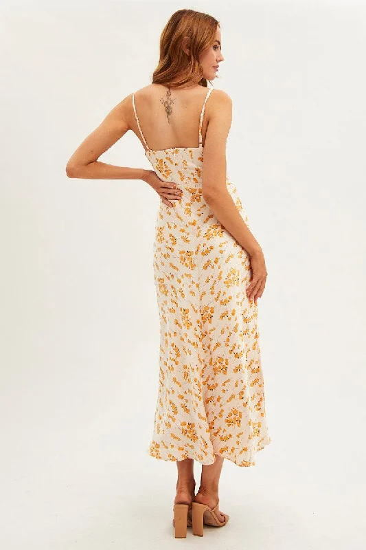 White Floral Midi Dress Sleeveless V-Neck Satin