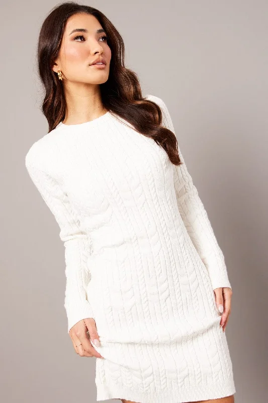 White Knit Dress Long Sleeve Cable Mini