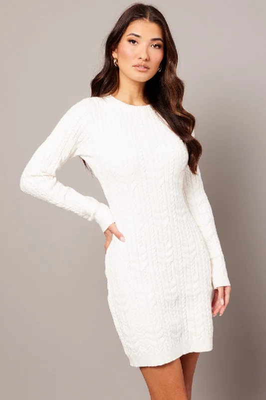 White Knit Dress Long Sleeve Cable Mini