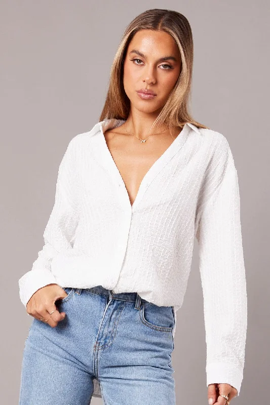 White Relaxed Shirt Long Sleeve Textured