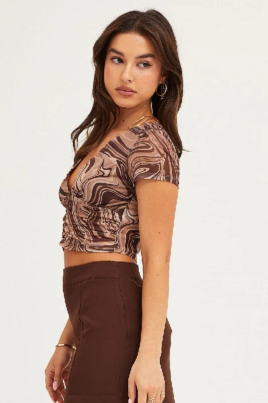 Abstract Print Short Sleeve V Neck Ruched Mesh Top