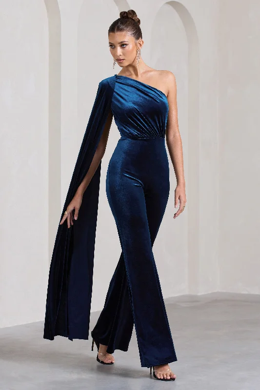 Aurora | Navy Velvet One Shoulder Cape Sleeve Jumpsuit