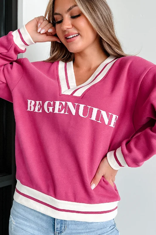 ""Be Genuine"" Varsity Stripe Graphic Sweater (Raspberry)