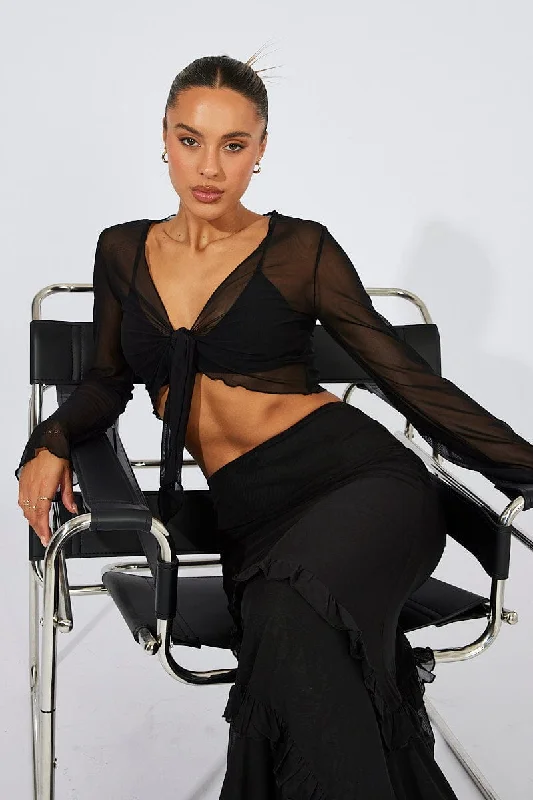 Black Bolero Tie Front Long Sleeve Mesh