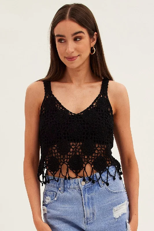 Black Crochet Knit Sleeveless V-Neck