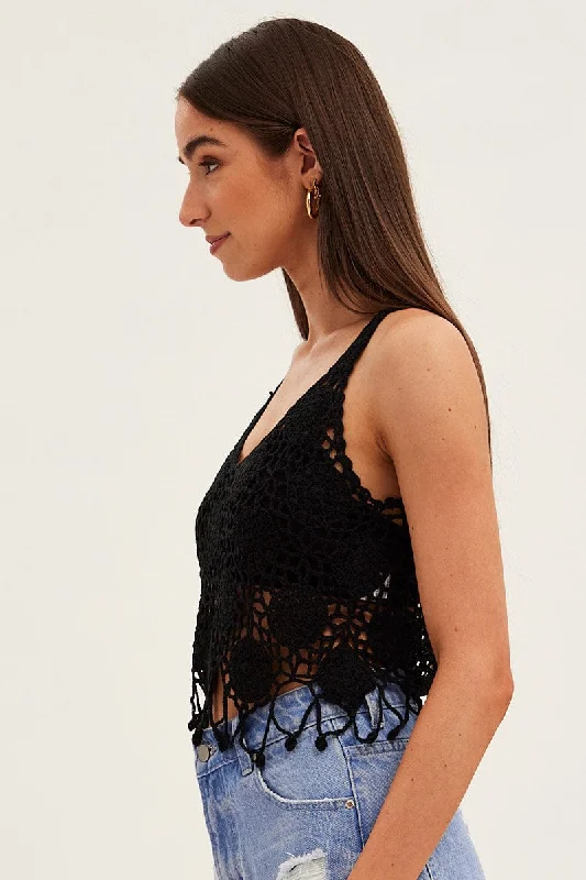 Black Crochet Knit Sleeveless V-Neck