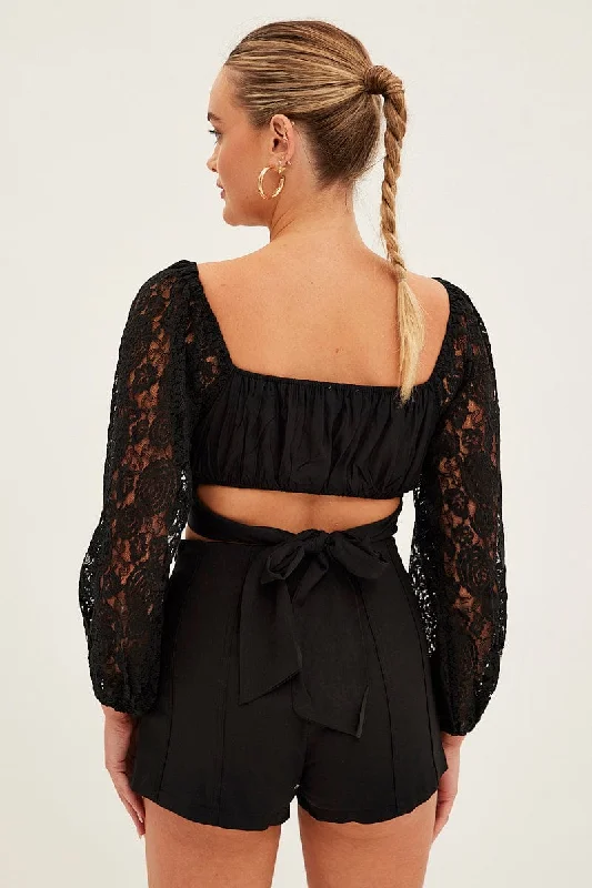 Black Crop Top Long Sleeve Sweetheart Neckline Lace