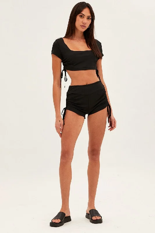 Black Crop Top Ruched Loungewear Set