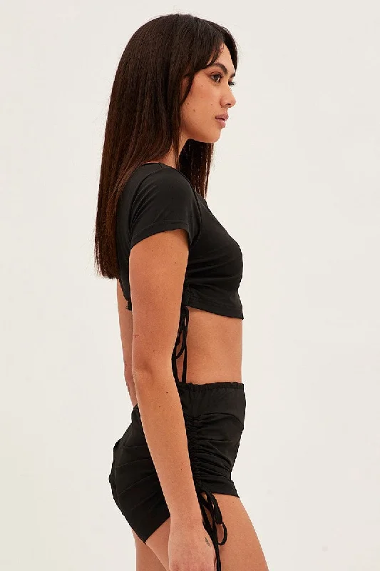 Black Crop Top Ruched Loungewear Set