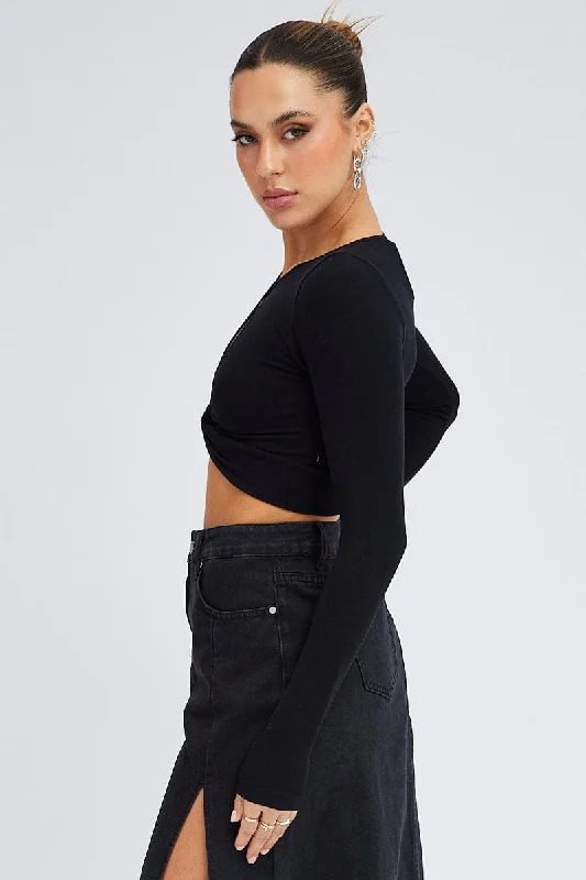 Black Cut Out Top Long Sleeve Crew Neck Seamless