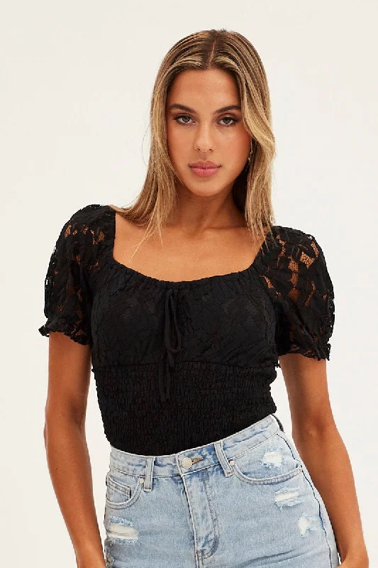 Black Lace Bodysuit Short Sleeve Sweetheart Neckline