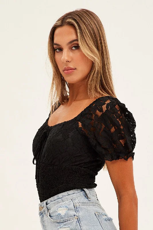 Black Lace Bodysuit Short Sleeve Sweetheart Neckline