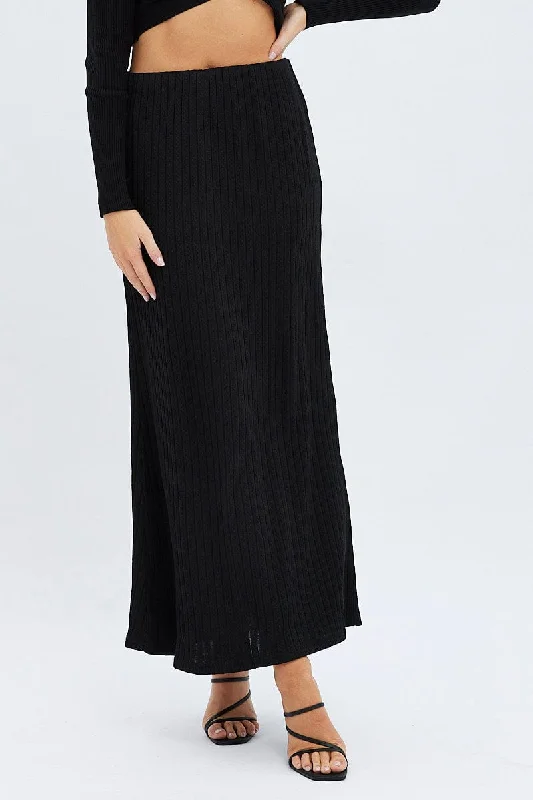 Black Maxi Skirt Mid Rise A-line Rib Jersey