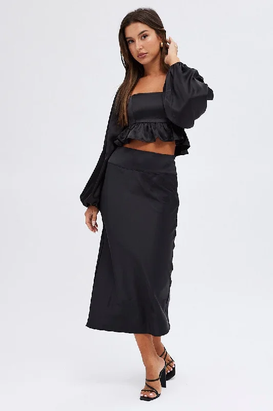 Black Midi Skirt High Waisted Satin Bias Cut