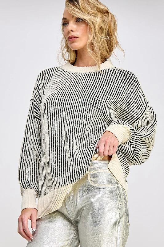 Black Ribbed Balloon Sleeve Sweater