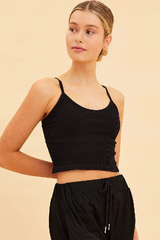 Black Seamless Singlet Top Scoop Neck Rib Crop