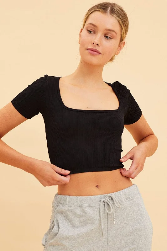 Black Seamless T-Shirt Crop Short Sleeve Square Neck