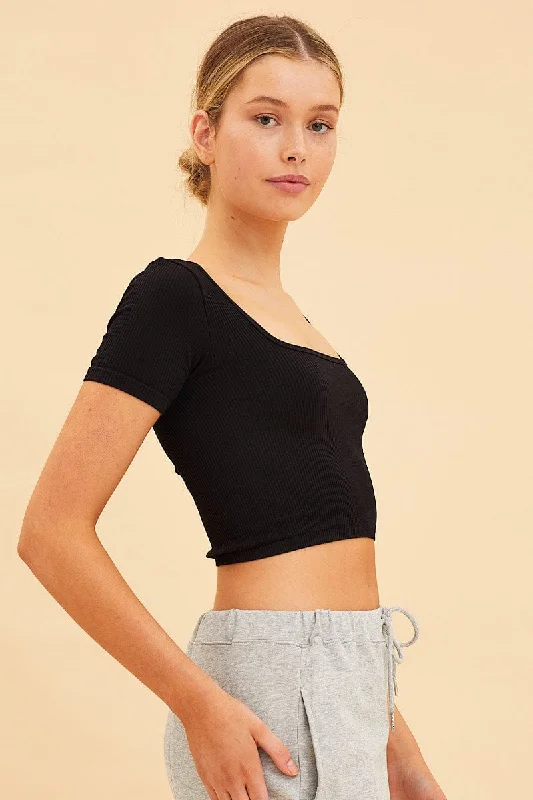 Black Seamless T-Shirt Crop Short Sleeve Square Neck