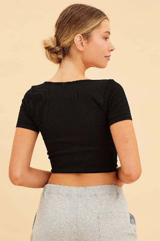 Black Seamless T-Shirt Crop Short Sleeve Square Neck