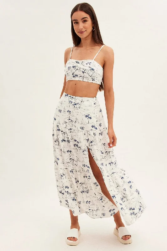 Blue Abstract Crop Top Adjustable Straps Printed Satin