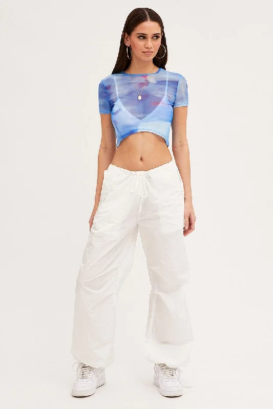 Blue Abstract Landscape Print Mesh Short Sleeve Top