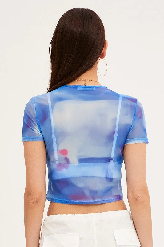 Blue Abstract Landscape Print Mesh Short Sleeve Top