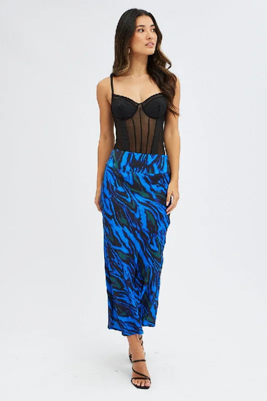 Blue Abstract Midi Skirt High Waisted Satin Bias Cut