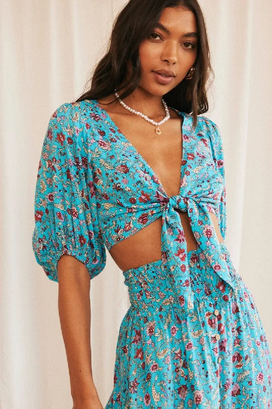 Blue Boho Crop Top Tie Front