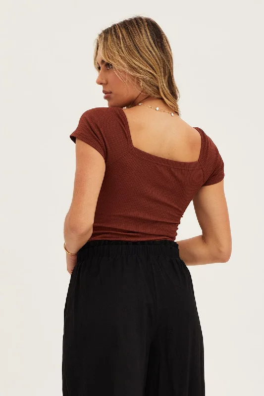 Brown Off Shoulder Rib Bodysuit