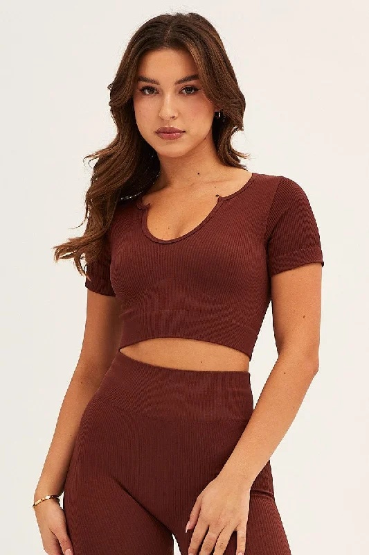 Brown Seamless Activewear Short Sleeve Top