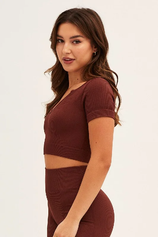 Brown Seamless Activewear Short Sleeve Top