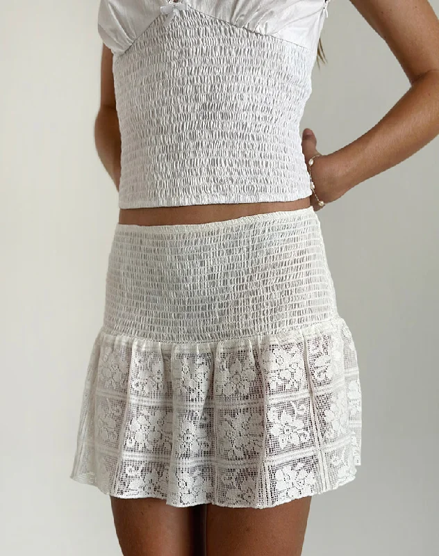 Cathyna Crochet Shirred Mini Skirt in Poplin White