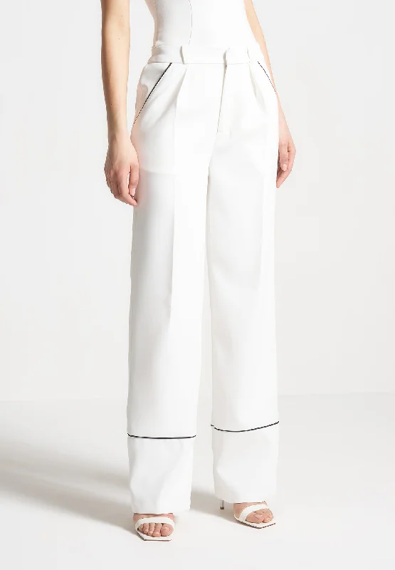 Contrast Piped Pleated Trousers - White/Black