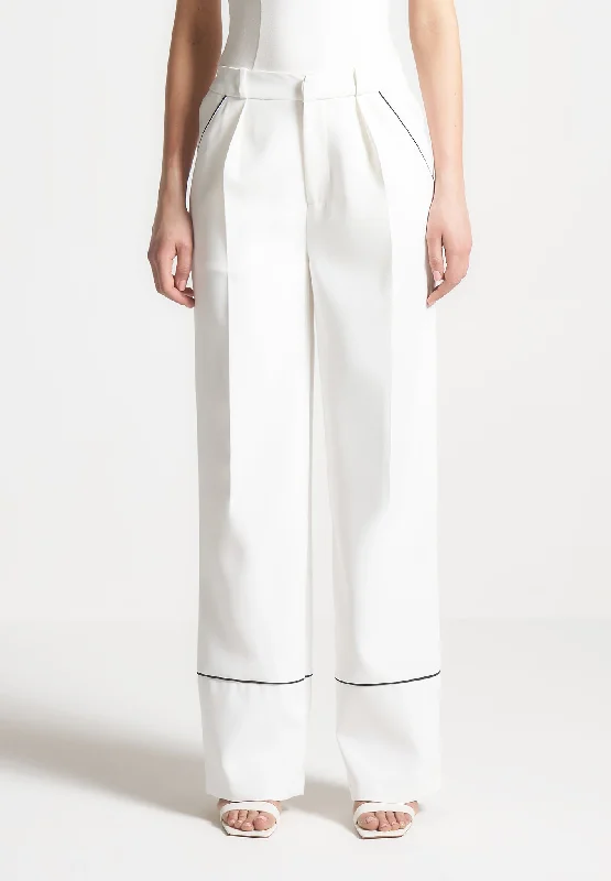 Contrast Piped Pleated Trousers - White/Black