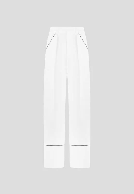 Contrast Piped Pleated Trousers - White/Black