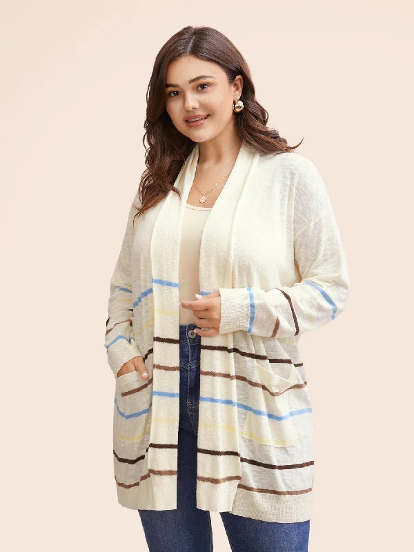 Contrast Striped Pocket Open Front Cardigan