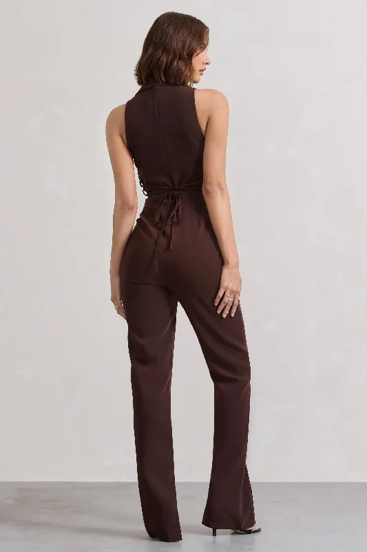 Darcy | Chocolate Brown Plunge Neck Tailored Jumpsuit With Tie Detail