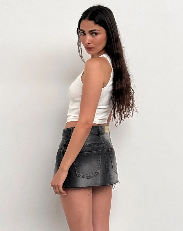 Raw Hem Denim Mini Skirt in Grey Used Bleach