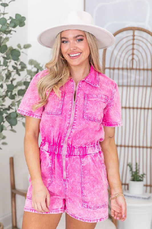 Forever Mine Hot Pink Acid Washed Denim Romper