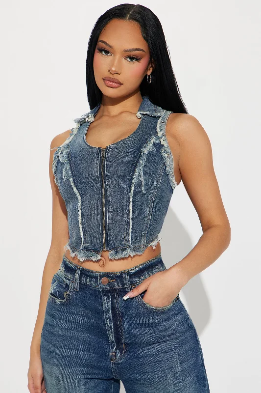 Frankie Distressed Denim Vest Top - Dark Wash