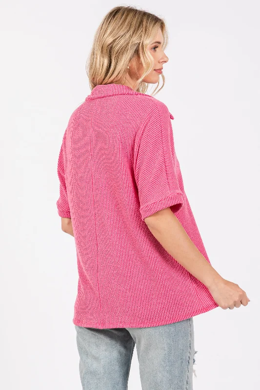 Fuchsia Ribbed Collared Top